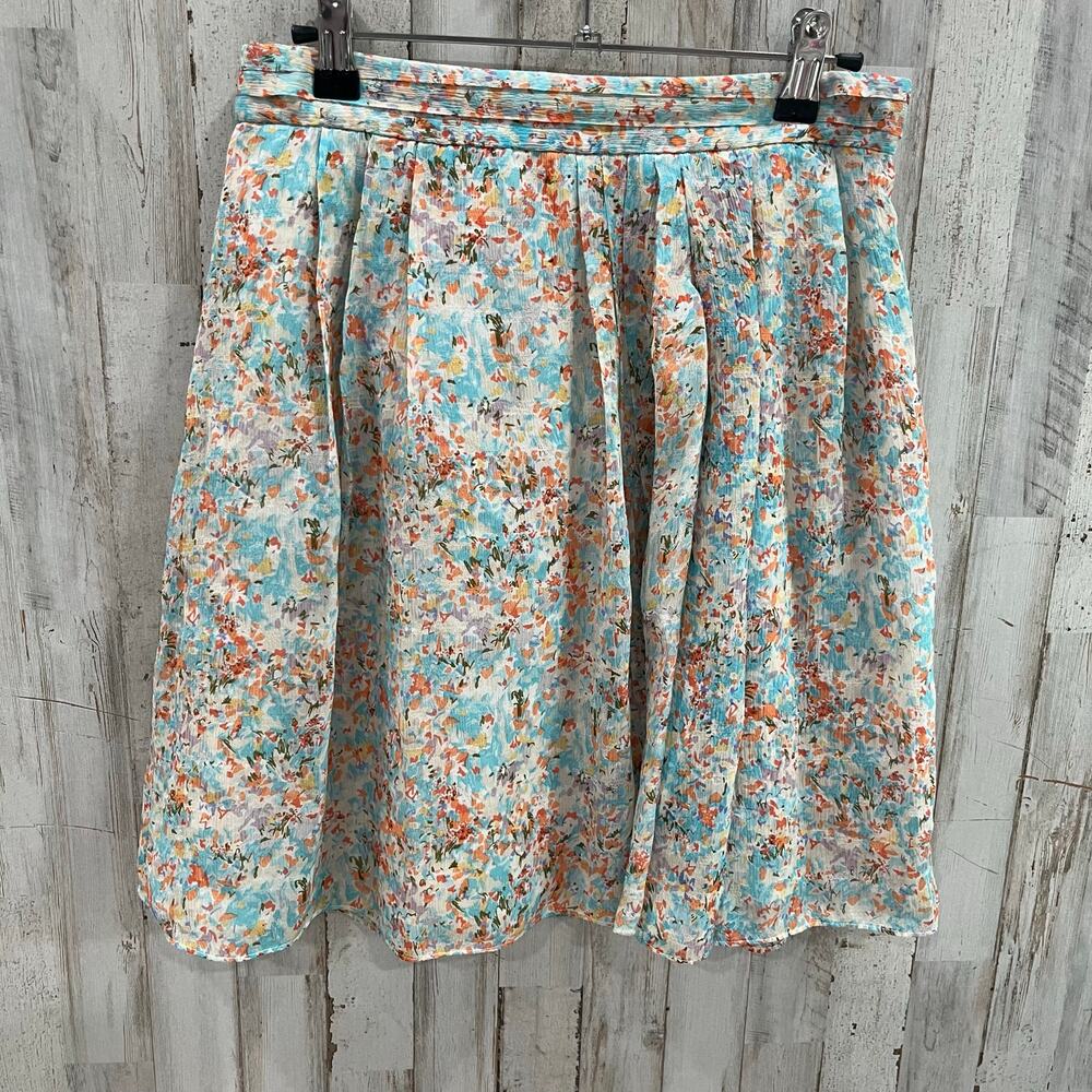 J. Crew Aqua Floral Pleated Mini Skirt with Orange Accents